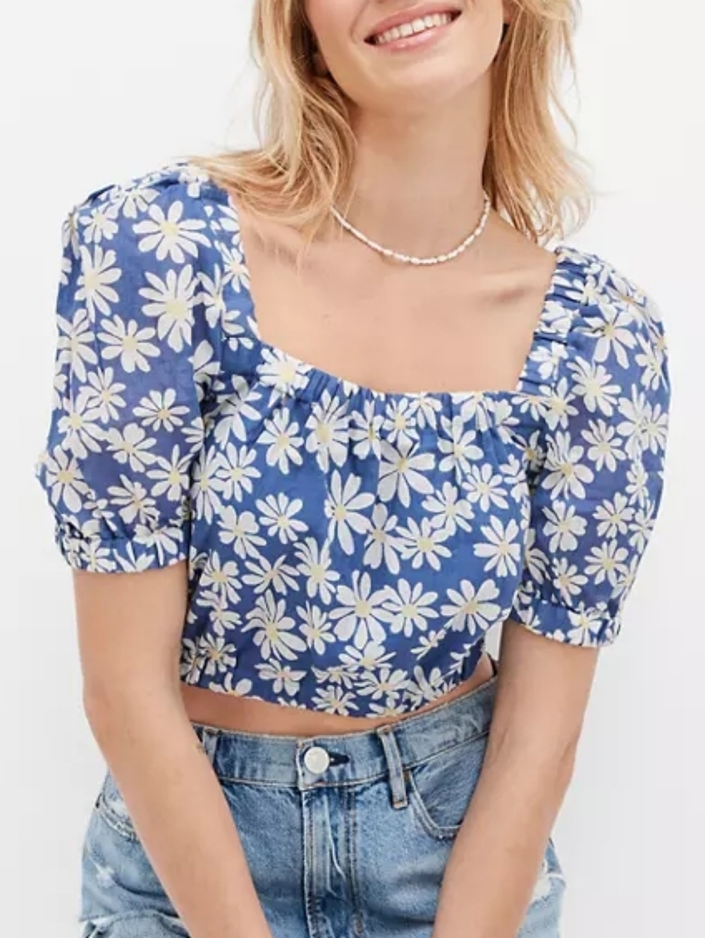 American Eagle AEO Blue Daisy Puff-Sleeve Bubble Crop Top Cotton Large NWOT
